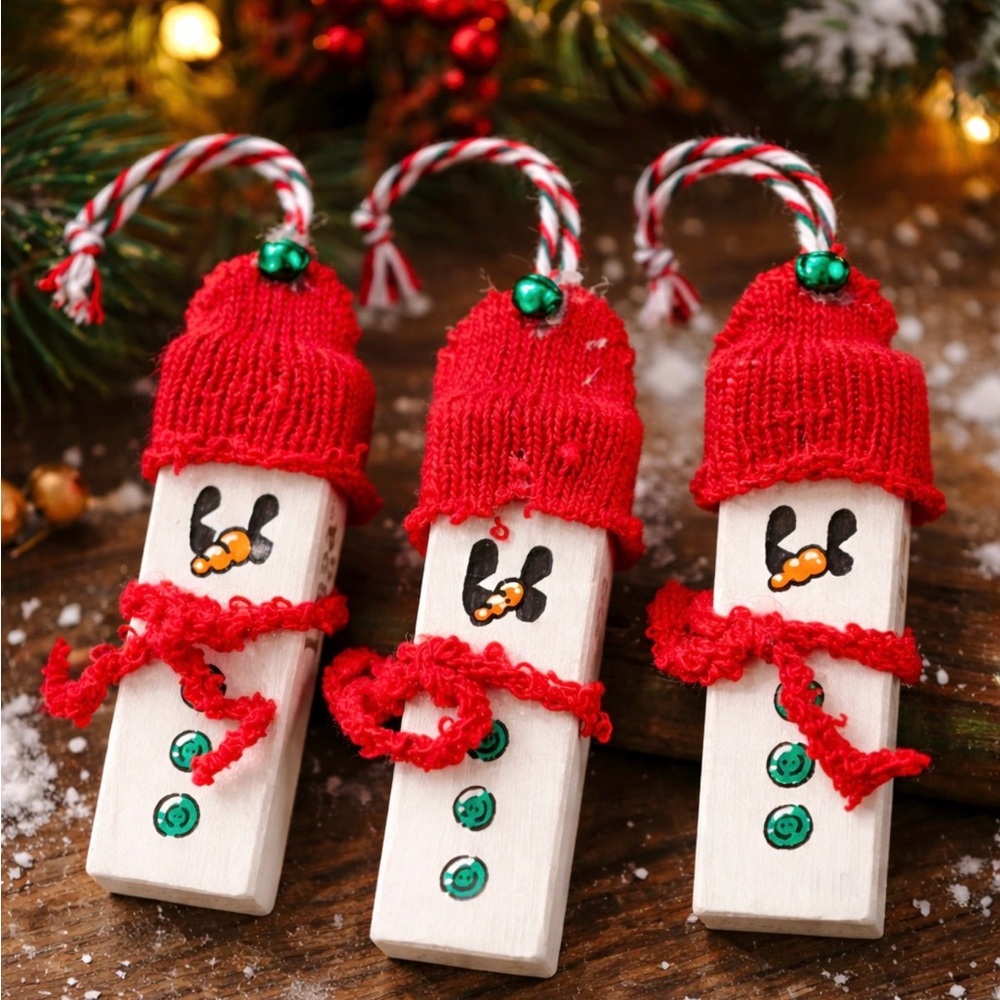 Hand Painted Snowman Ornaments Set of 3 Mini Made Friends Artist Jenga Block